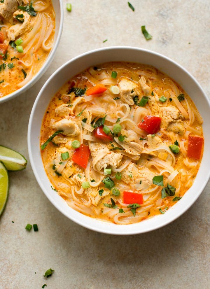 This easy Thai turkey soup is made from Thanksgiving leftovers and has the most delicious coconut milk broth and rice noodles.