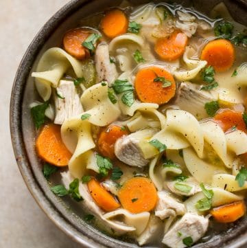 Quick and easy turkey noodle soup made from leftover turkey! The broth is super flavorful, healthy, and delicious.