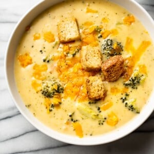 close-up of a bowl of homemade broccoli cheddar soup