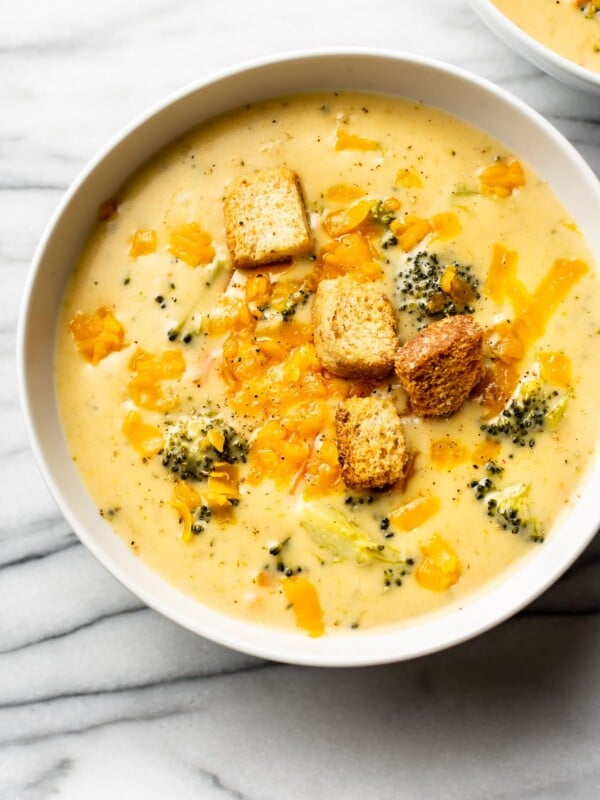 close-up of a bowl of homemade broccoli cheddar soup