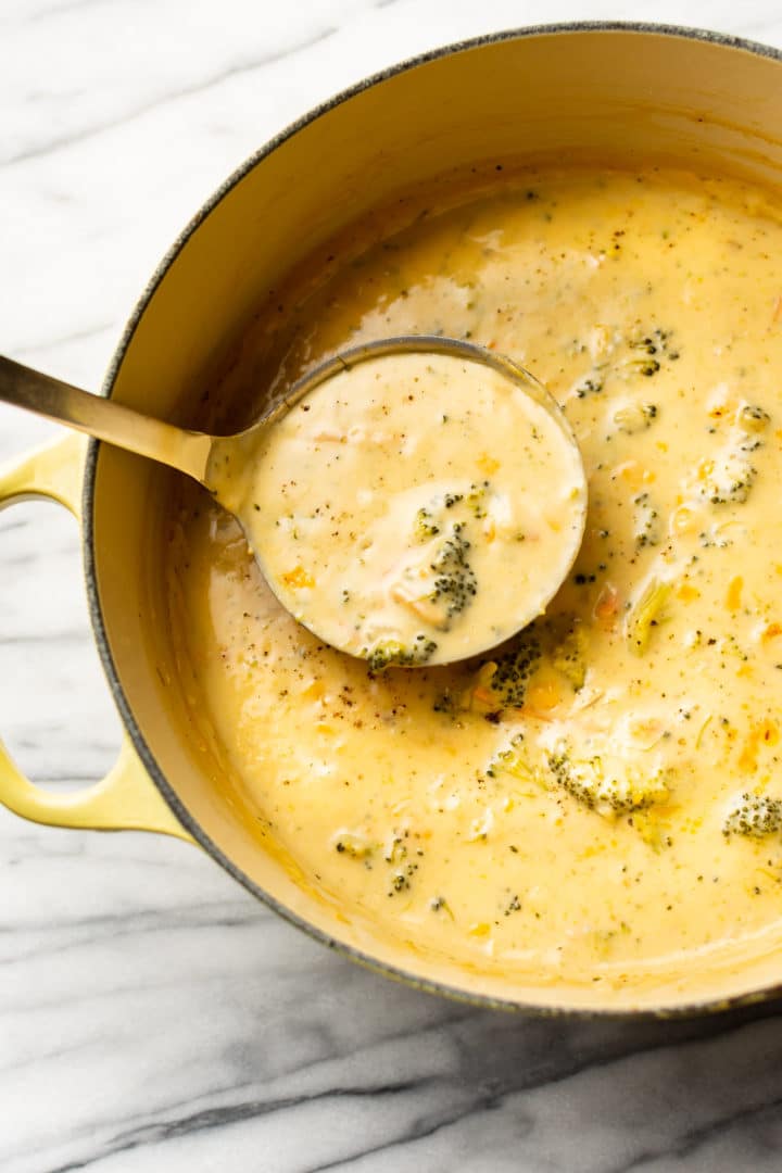 a pot of the best broccoli cheddar soup