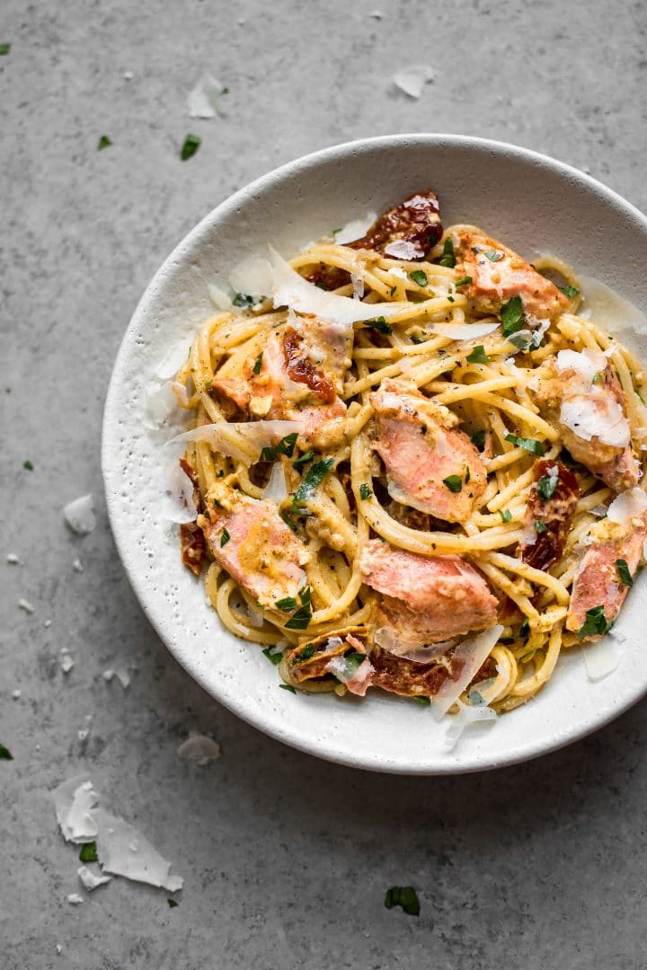 white bowl of creamy Cajun salmon pasta