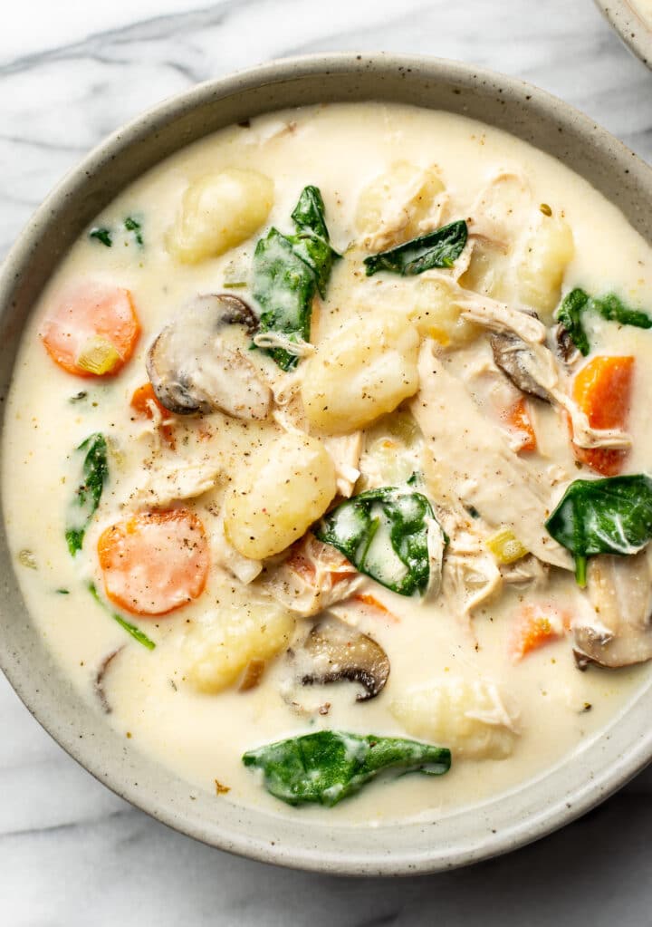 close-up of a bowl of chicken gnocchi soup