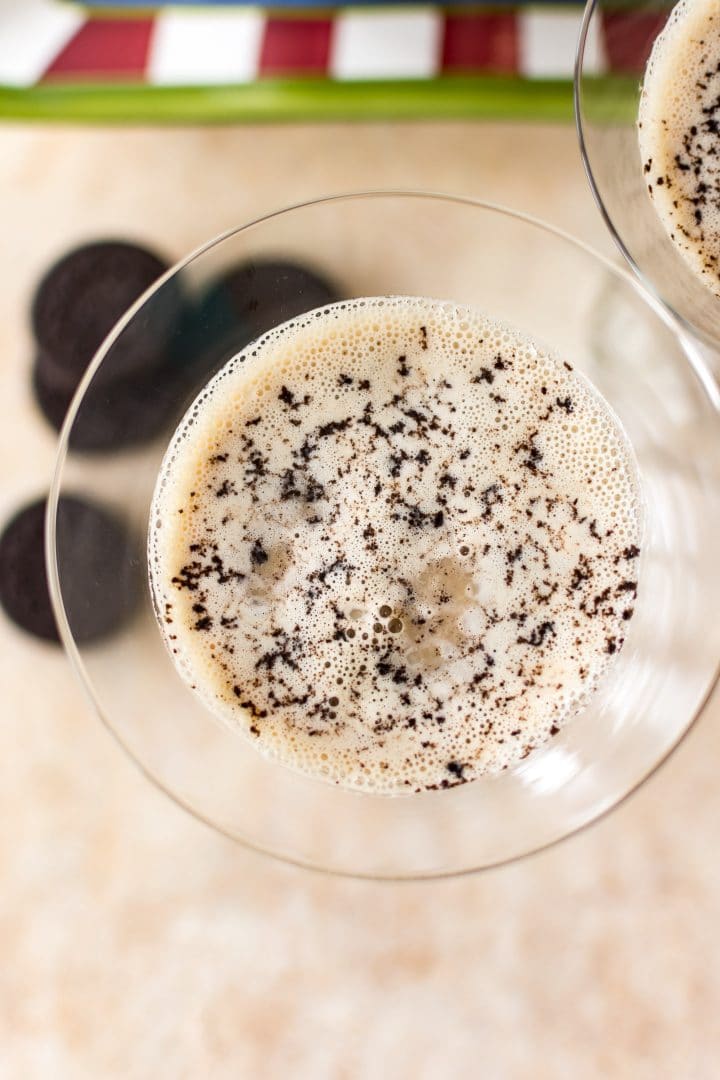 close-up of easy christmas cocktail topped with oreo cookie crumbs