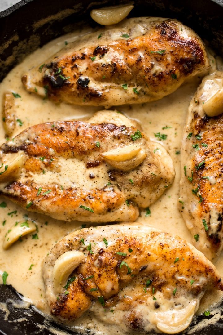 close-up of creamy chicken skillet with garlic cream sauce