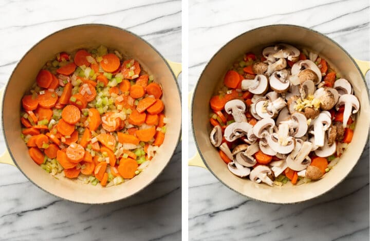 sauteing onions and carrots for chicken gnocchi soup in a large pot and adding mushrooms