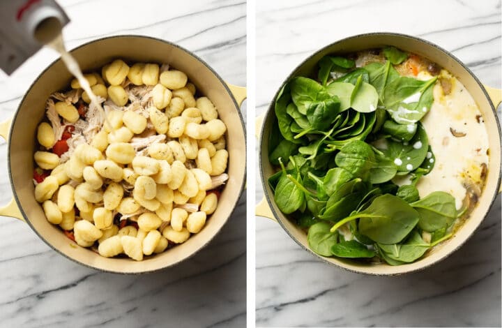 adding broth, gnocchi, spinach, and cream to a pot of chicken gnocchi soup