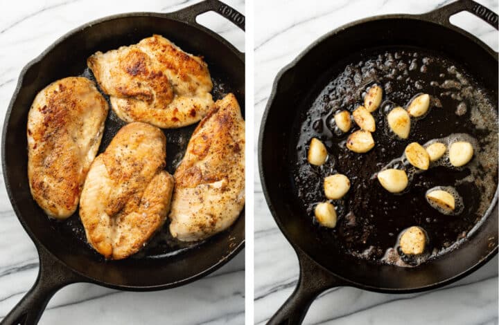 pan frying chicken in a cast iron skillet and then frying garlic cloves