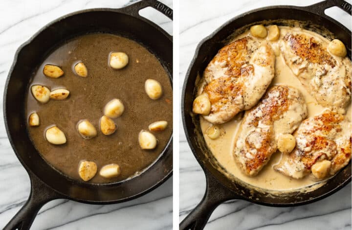 making sauce for creamy garlic chicken in a cast iron skillet