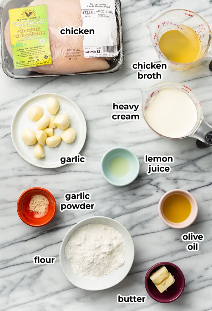 ingredients for creamy garlic chicken on a marble countertop