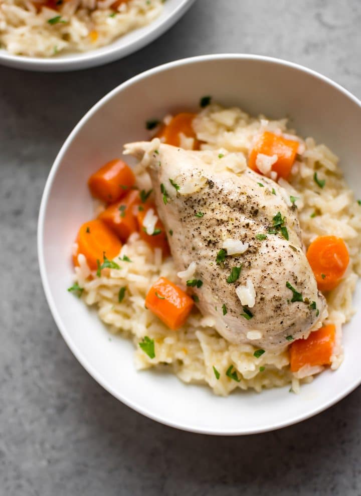 Super easy and crazy delicious Instant Pot chicken and rice. A healthy and delicious meal all made in one pot! Your family will love it.
