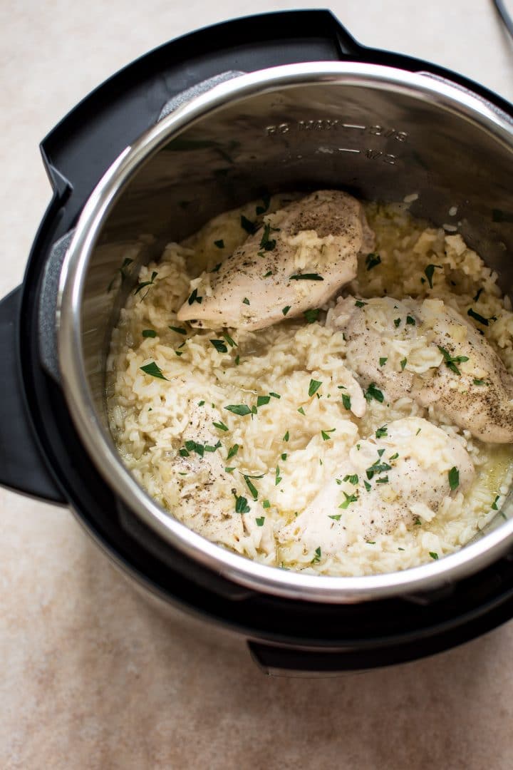 instant pot filled with easy chicken and rice recipe