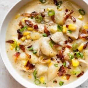 This creamy chicken and corn chowder with bacon is hearty and comforting. It's sure to become a family favorite!