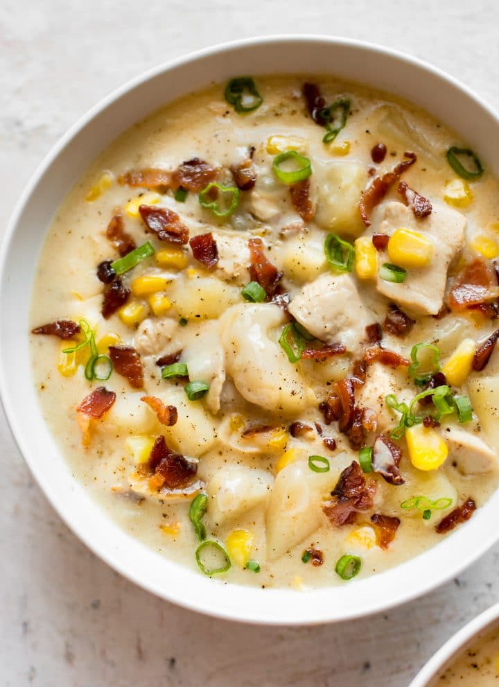 This creamy chicken and corn chowder with bacon is hearty and comforting. It's sure to become a family favorite!
