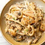 a bowl with chicken marsala fettuccine