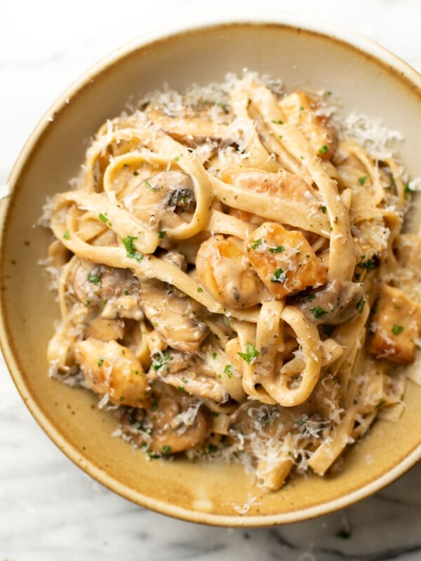 a bowl with chicken marsala fettuccine