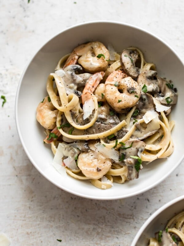 This creamy shrimp and mushroom pasta recipe is fast and simple! Great for weeknight dinners, date night, or dinner parties. 