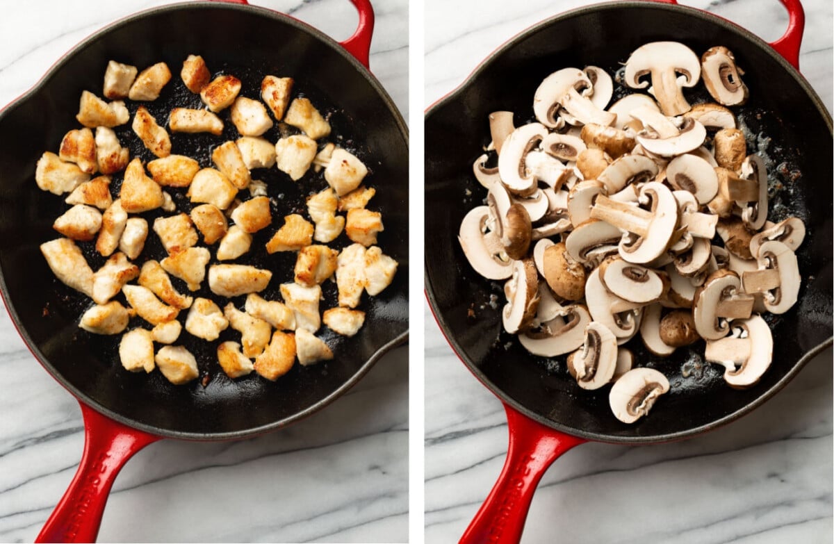 sauteing chicken and mushrooms in a skillet