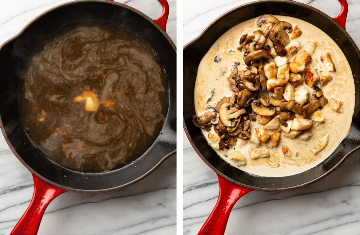 making marsala sauce in a skillet and adding in chicken and mushrooms