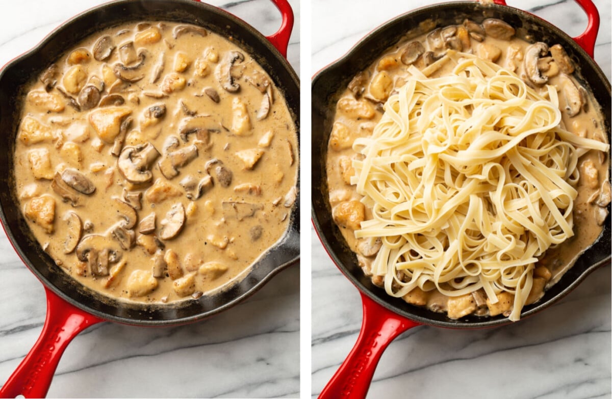tossing fettuccine with marsala sauce in a skillet