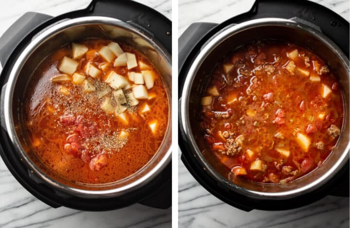 adding broth and tomatoes to an instant pot for hamburger soup