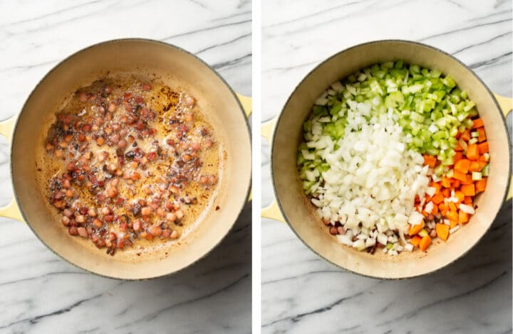 frying pancetta, carrots, celery, and onion in a soup pot for pasta e fagioli