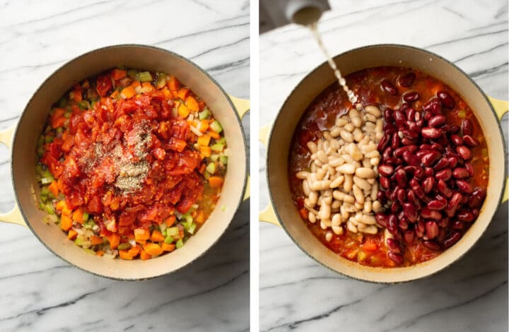 adding diced tomatoes and broth to a soup pot