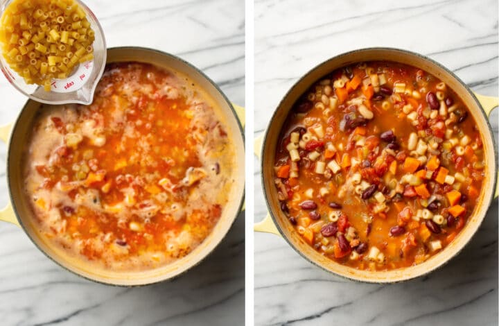 adding uncooked pasta to pasta e fagioli soup pot