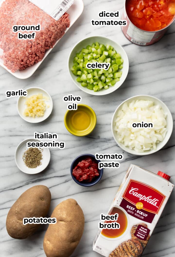 ingredients for instant pot hamburger soup in prep bowls on a counter