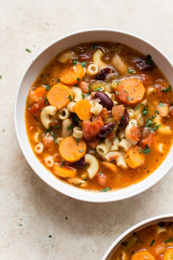 close-up of Instant Pot classic Italian pasta and bean soup (pasta e fagioli) in a white bowl