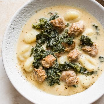 This quick and easy gnocchi soup with kale and sausage is creamy and delicious. It's ready in just over half an hour!