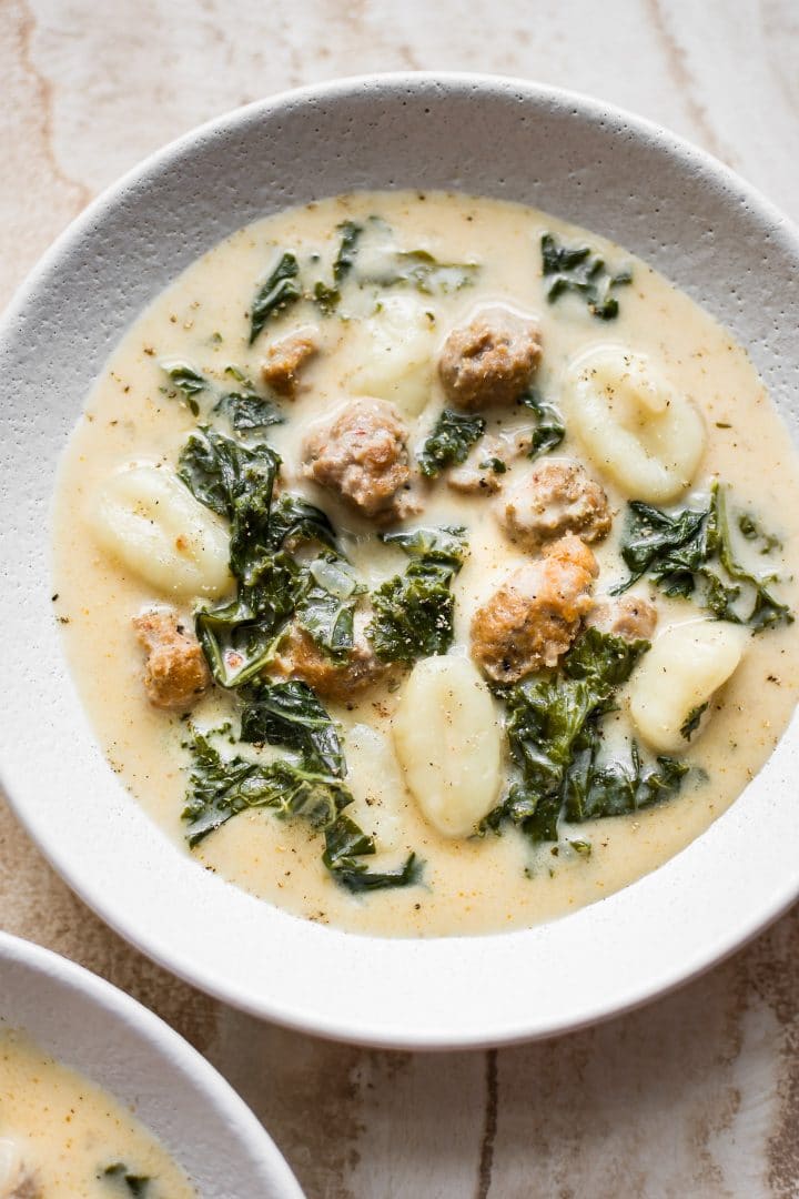 close-up of easy gnocchi soup with sausage and kale in a bowl