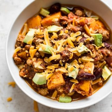 This healthy turkey sweet potato chili will soon become a new family favorite. Make it as spicy (or mild) as you like, and top it with cheddar, avocado, sour cream/Greek yogurt and/or anything else you can think of for a delicious and comforting meal. Perfect for meal prep!