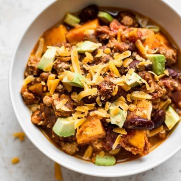 This healthy turkey sweet potato chili will soon become a new family favorite. Make it as spicy (or mild) as you like, and top it with cheddar, avocado, sour cream/Greek yogurt and/or anything else you can think of for a delicious and comforting meal. Perfect for meal prep!