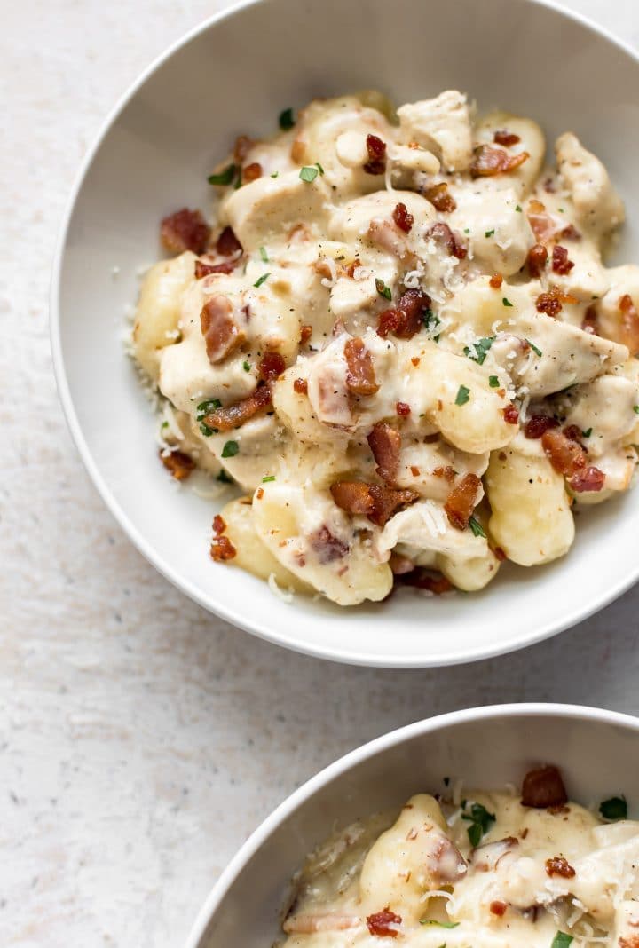 It's time to put on the stretchy pants. This chicken and gnocchi recipe is loaded with bacon and plenty of chicken. The creamy garlic sauce is delectable!