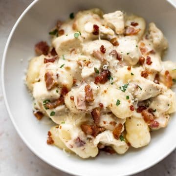 This chicken and gnocchi recipe is sure to be a new favorite! Plenty of bacon, tender chicken, and a creamy sauce make this recipe irresistible.