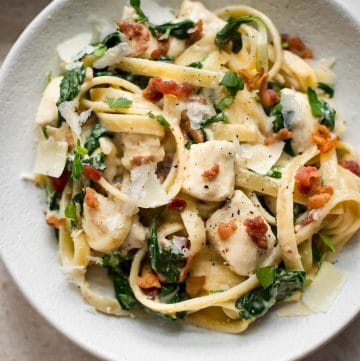This easy chicken bacon spinach pasta is weeknight dinner perfection! It'll be a new family favorite.