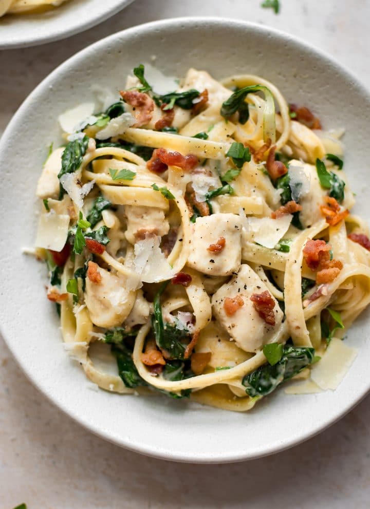 This easy chicken bacon spinach pasta is weeknight dinner perfection! It'll be a new family favorite. 