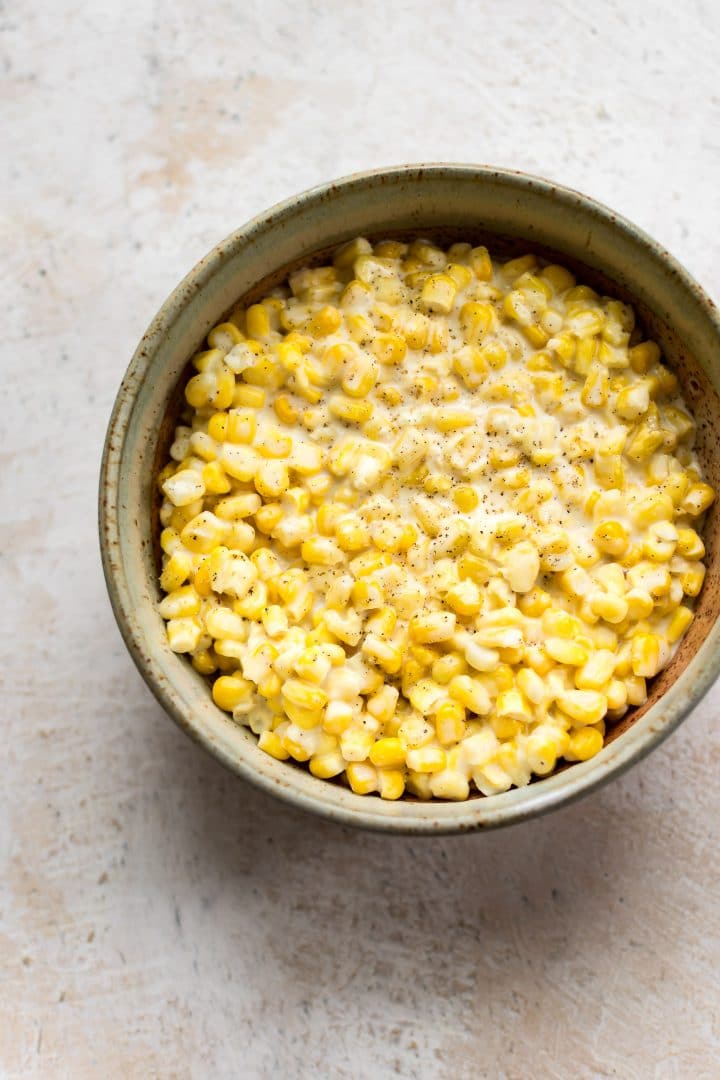stoneware bowl with old fashioned southern creamed corn