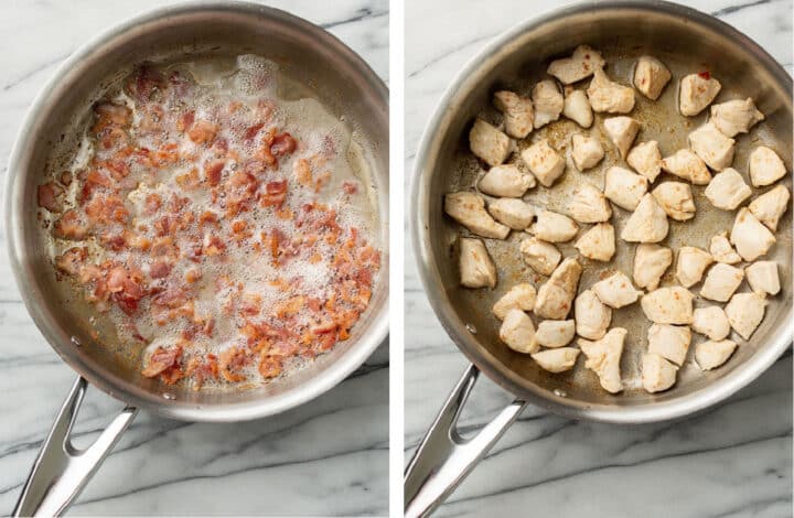 frying bacon and chicken in a metal skillet for a gnocchi recipe