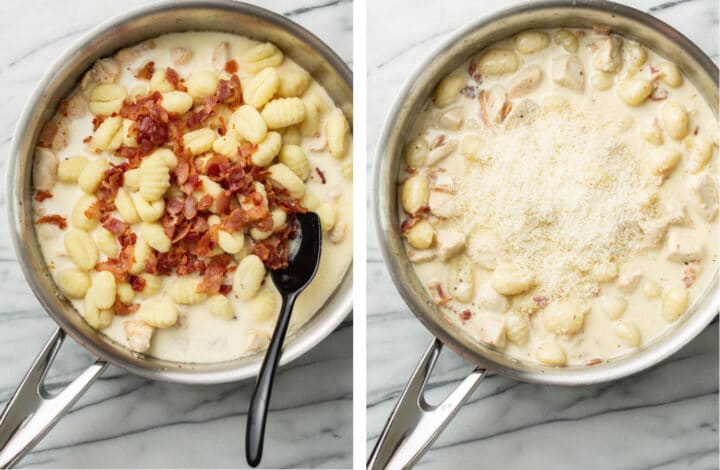 making the sauce for chicken bacon gnocchi in a skillet and adding parmesan