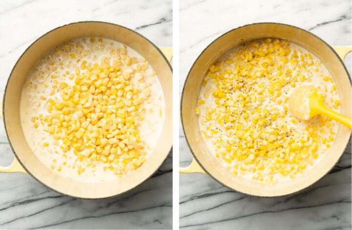 adding in corn to a soup pot and stirring to make creamed corn