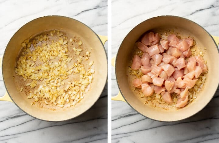 sauteing onion and chicken in a dutch oven