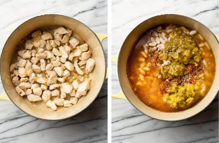adding ingredients into a dutch oven for white chicken chili
