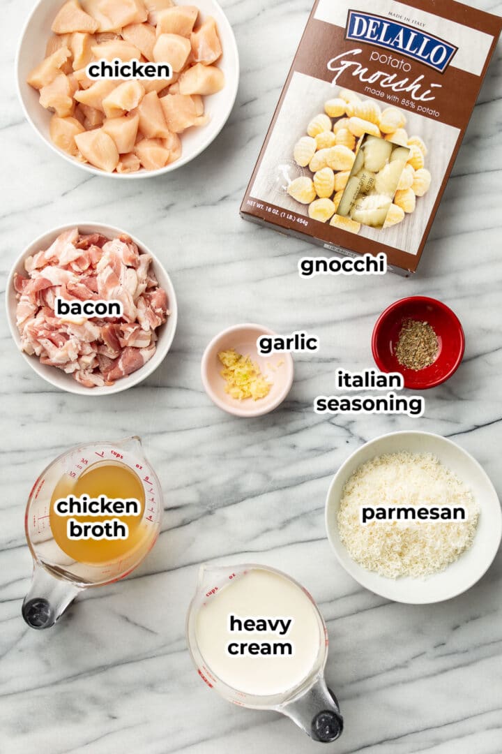 ingredients for chicken bacon gnocchi in prep bowls