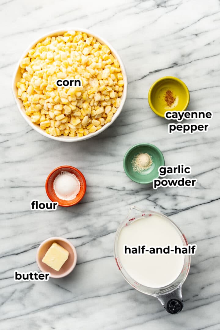 ingredients for cream corn in prep bowls