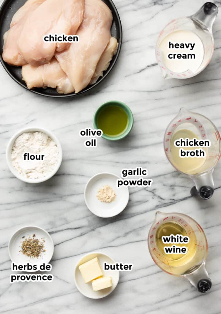 ingredients for creamy white wine chicken on a counter