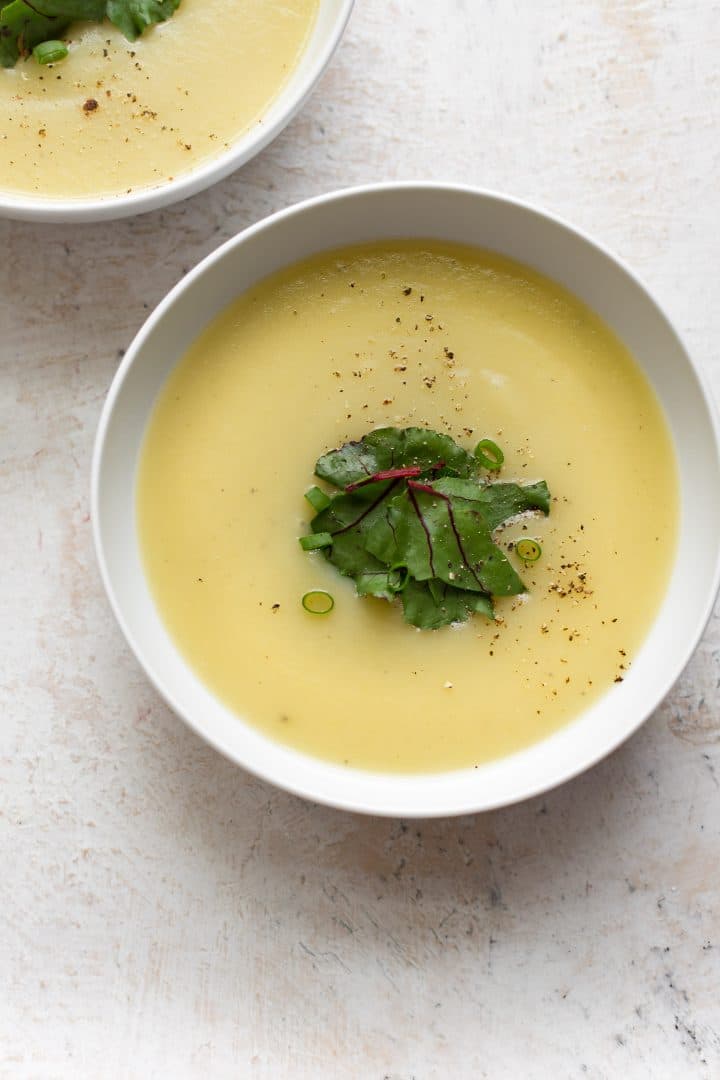 two bowl with Instant Pot leek and potato soup