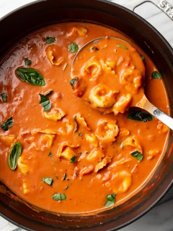 a ladle in a pot of tomato tortellini soup