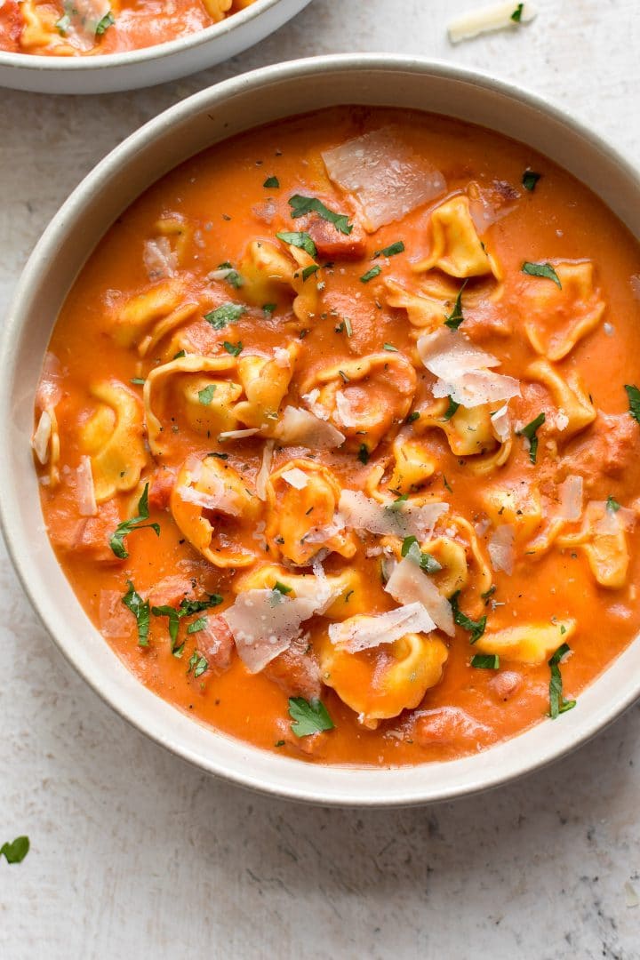 If you love tomato soup, this will be a contemporary favorite! Cheese tortellini and cream make this easy tomato soup stand out from the rest.